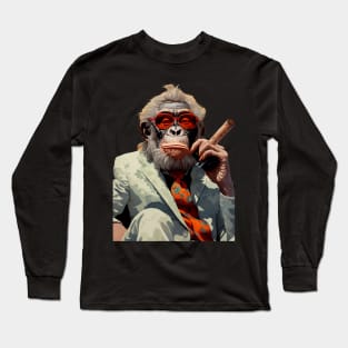 Cigar Smoking Orangutan: Sophisticated Orangutan Charm on a dark (Knocked Out) background Long Sleeve T-Shirt